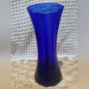 Elegant Vintage Hand Blown Coblot Blue Crackle Glass Vase